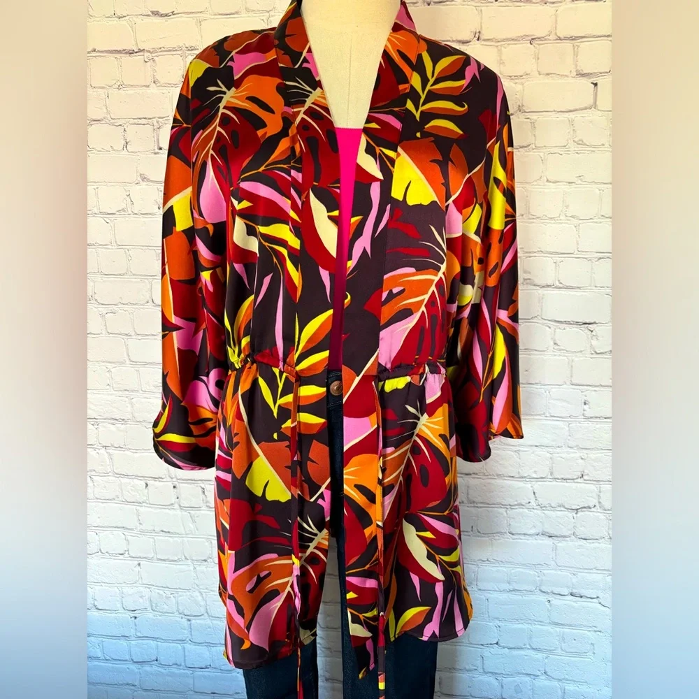 DR2 by Daniel Rainn Foliage Print Satin Kimono/Coverup--NWT--S/M - Picture 6 of 14